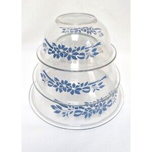 Vintage Pyrex Mixing Nesting Bowls Set Of 3 Clear Glass Blue Flowers Ribbon